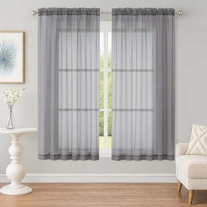 OWENIE Sheer Grey Curtains, Sheer Curtains 63 inch Length 2 Panels Set, Rod Pocket Voile Fimly Sheer Drapes for Living Room Bedroom, 2pcs, Grey, Each 59" W x 63" L