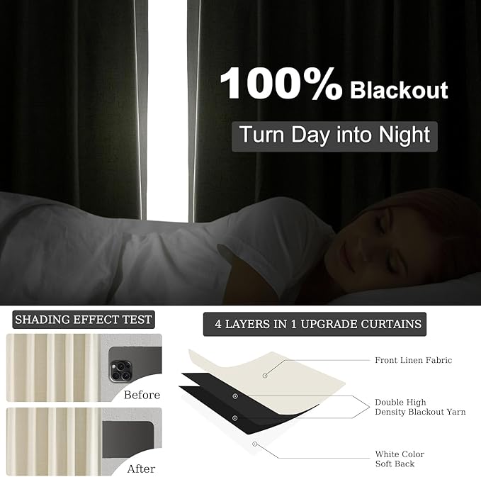 Topfinel 102 Inches Long Cream Colored Custom Total Blackout Linen Curtains, Rod Pocket Curtains with Pin Hooks for Traverse, Aesthetic Burlap Viral Drapes 2 Panels for Living Room Master Bedroom