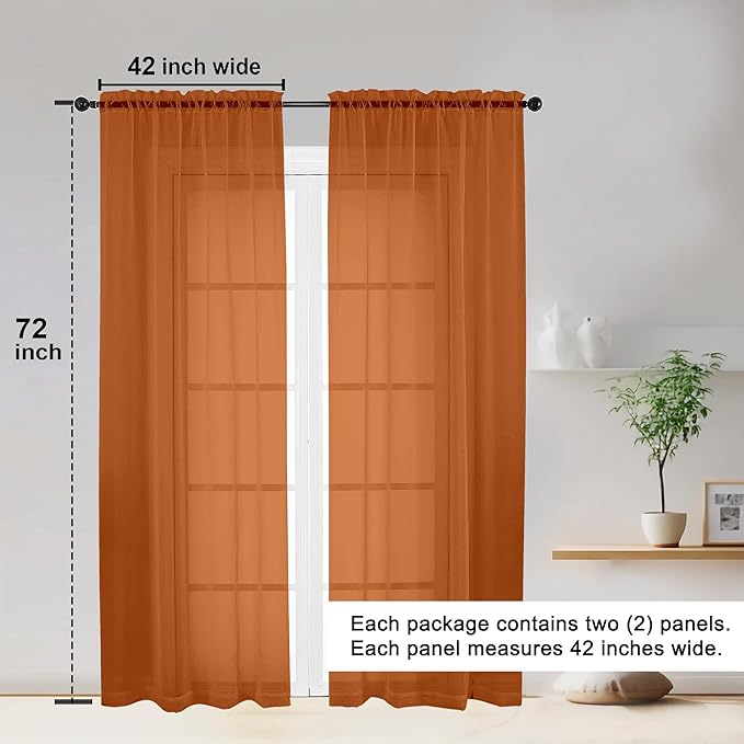OWENIE Sheer Curtains 72 Inches Long 2 Panels Set, Light Filtering Sheer Curtain Rod Pocket Clear Drapes for Living Room Bedroom Window Sliding Door, Each 42 x 72 Inch, Orange