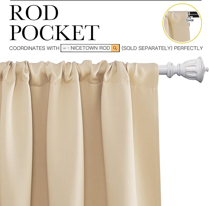 NICETOWN Blackout Room Darkening Curtains - Home Decoration Light & Noise Reducing Thermal Insulated Window Draperies with Rod Pocket Top (Biscotti Beige, 2 Panels, 34 inches Wide x 54 inches Long)