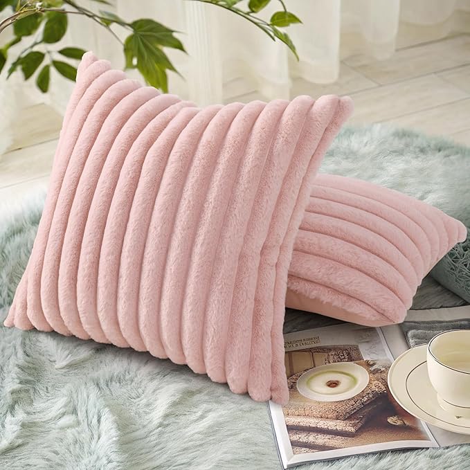 decorUhome Summer Cozy Faux Fur Throw Pillow Covers 22x22 Set of 2 Decorative Soft Plush Striped Modern Farmhouse Boho Couch Euro Sham Pillow Cases with Velvet Back for Sofa Bed Living Room, Pink