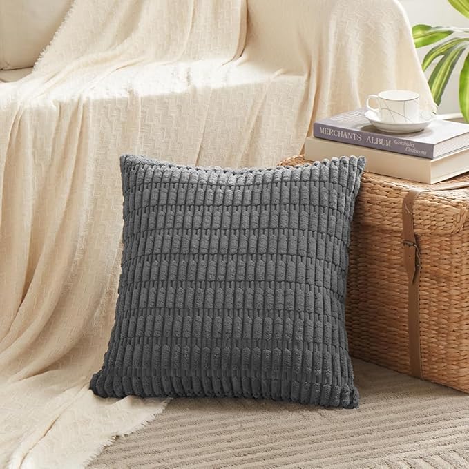 Fancy Homi 4 Packs Dark Grey Decorative Throw Pillow Covers 16x16 Inch for Living Room Couch Bed, Rustic Modern Farmhouse Boho Home Decor, Soft Plush Corduroy Cute Square Accent Cushion Case 40x40 cm