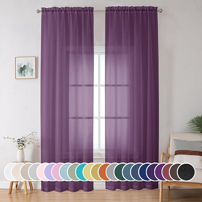 OWENIE Sheer Curtains 96 Inches Long 2 Panels Set, Transparent Light Filtering Plam Purple Sheer Curtain Rod Pocket Clear Drapes for Living Room Bedroom 2Pcs, Each 42 x 72 Inch, Plam