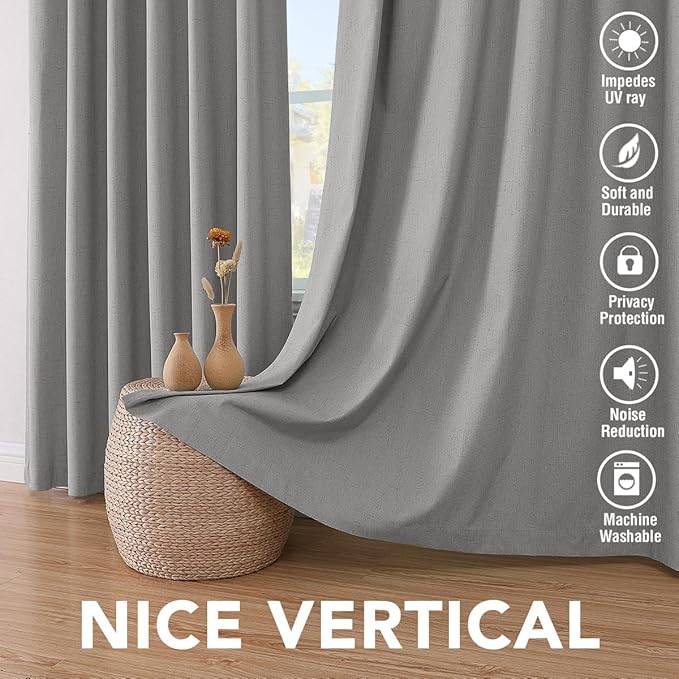 H.VERSAILTEX Linen Curtains 100% Blackout Curtains for Bedroom 102 inch Long Full Light Blocking Nature Linen Blended Window Curtains for Living Room Nickel Grommet (2 Panels, Dove Gray)