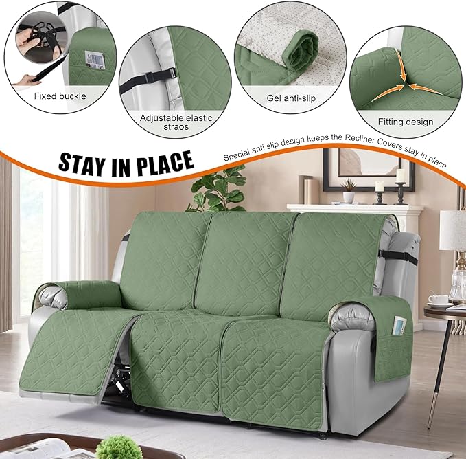 VANSOFY Waterproof Recliner Couch Covers, Sofa Covers Non-Slip 1-Piece Washable Reclining Sofa Cover Furniture Protector with Elastic Straps Pocket for Dogs, Pets(Bean Green,3 Seater)