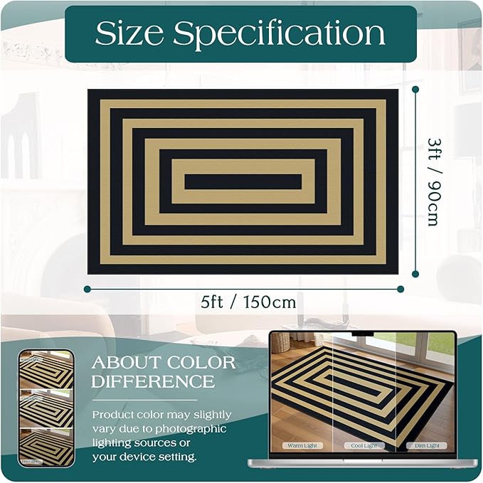 3x5 Modern Entry Rug - Small Washable Indoor Outdoor Mats for Front Door Non-Slip Porch Rug Black Tan Geometric Striped Throw Rugs for Living Room Bedroom Entryway Kitchen Office Porch Decor
