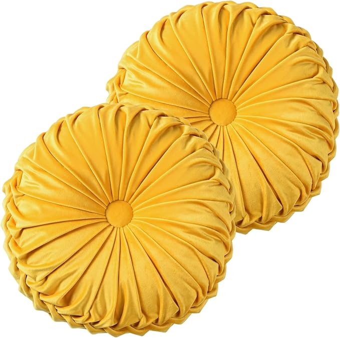 HIG Set of 2 Yellow Ruched Velvet Round Throw Pillows – 14.5’’ Decorative Pillows with Soft Polyester Filling for Couch, Bed, Living Room, Bedroom, or Dorm – Handmade, Stress Relieving, All-Season