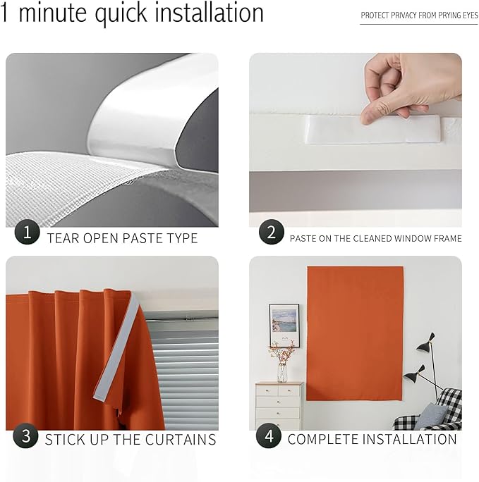 Self Adhesive Curtains Portable Blackout Curtain Simple and Easy to Install Bedroom Window Thermal Lnsulated Kitchen Room Darkening Black Small Drapes, 47" W X 59" L, Orange, 1 Panel