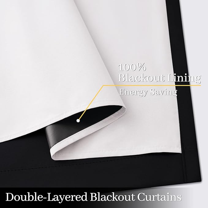 Yakamok 100% Blackout Curtain Panels 84 inches Cold and Light Blocking Drapes for Nursery, 2 Thick Layers Thermal Insulated Draperies (2 Pieces, 50 Wide Each Panel, Black Front with White Backing)