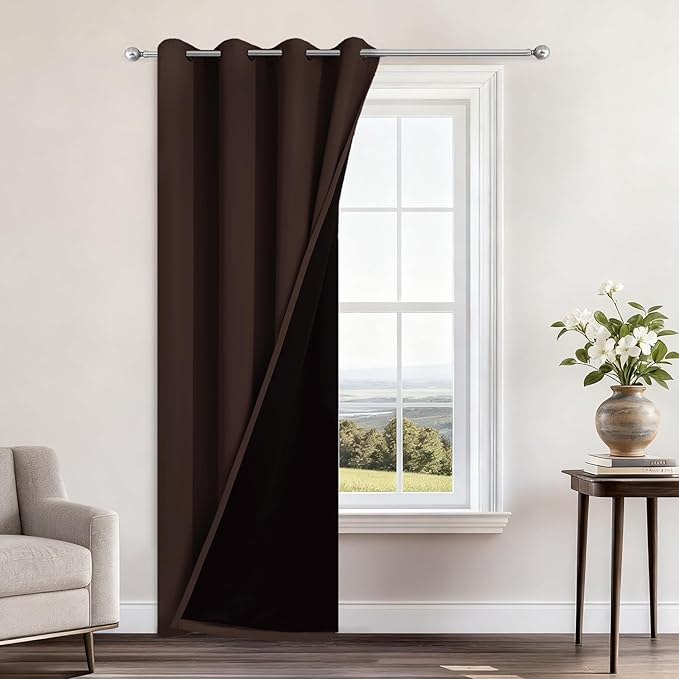 Yakamok 100% Blackout Curtains 84 Inches Long, 2 Thick Layers Heat and Full Light Blocking Soft Thermal Insulated Drapes for Bedroom(52" Wide Each Panel, Chocolate Brown, 1 Panel)