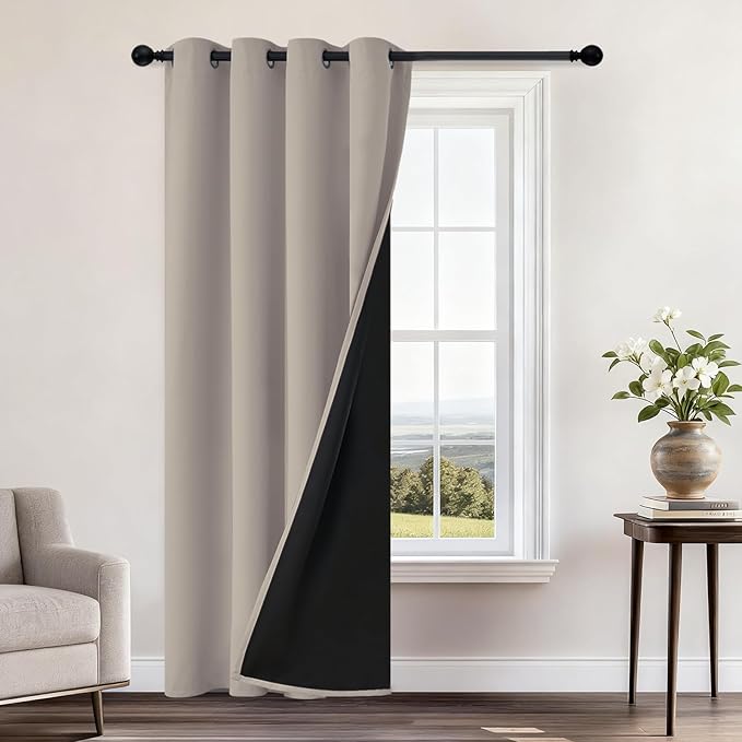 Yakamok 100% Blackout Curtains 96 Inches Long, 2 Thick Layers Heat and Full Light Blocking Soft Thermal Insulated Drapes for Bedroom(52" Wide Each Panel, Natural, 1 Panel)