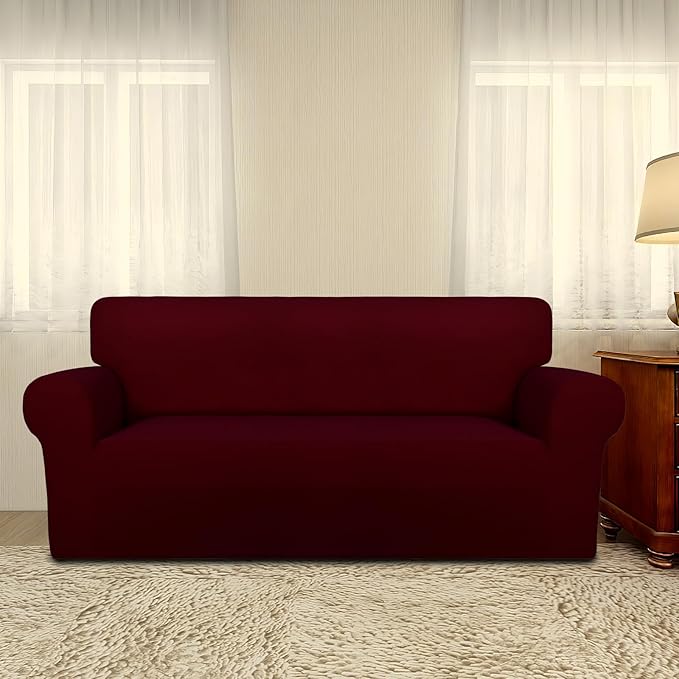 PureFit Super Stretch Sofa Slipcover – Spandex Non Slip Soft Couch Sofa Cover, Washable Furniture Protector with Non Skid Foam and Elastic Bottom for Kids, Pets (Oversized Loveseat, Wine)