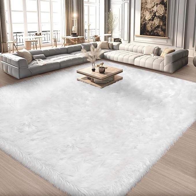 Ciicool White Faux Fur Rug 8 x 10 Feet, Large Fluffy Carpet, Faux Fur Sheepskin Rugs for Living Room, Shaggy Washable Rug for Bedroom, Luxury Room Decor, Fuzzy Rugs, Rectangle