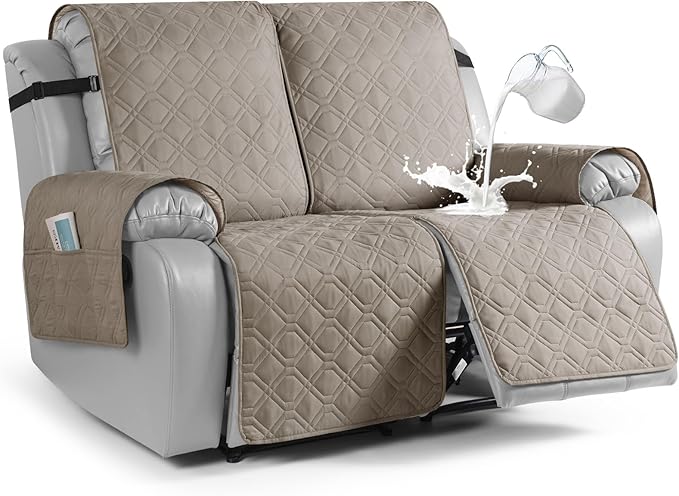 VANSOFY Waterproof Recliner Couch Covers, Sofa Covers 1-Piece Washable Reclining Sofa Cover Non-Slip Furniture Protector with Elastic Straps Pocket for Dogs, Pets(Khaki,Oversized 2 Seater)