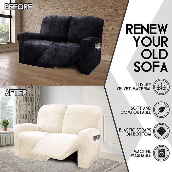 ULTICOR Reclining Love Seat Slipcover, 48" - 65" L, 6-Piece Velvet Stretch Loveseat Reclining Sofa Covers, 2 seat Love seat Recliner Cover, Thick, Soft, Washable (Ivory)