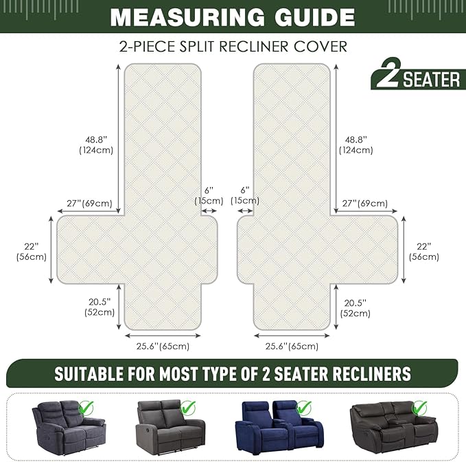 TAOCOCO 100% Waterproof Loveseat Recliner Covers 2 Seater, Split Loveseat Covers for Reclining loveseat, Non Slip Reclining Couch Cover with Double Straps for Kids, Pets(2 Seater, Vine Green)