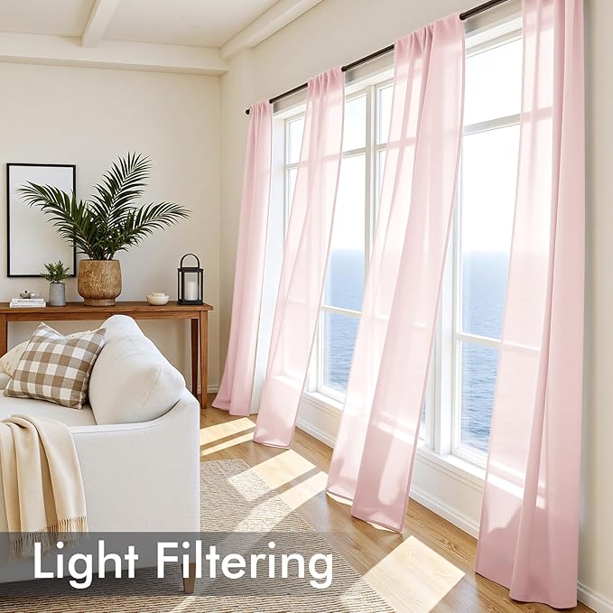 MIULEE Blush Pink Sheer Curtains 90 Inches Long, 4 Panels Set, Light Filtering Rod Pocket Voile Drapes for Living Room and Bedroom, Airy Soft Fabric Window Treatments, 42 x 90 Inches
