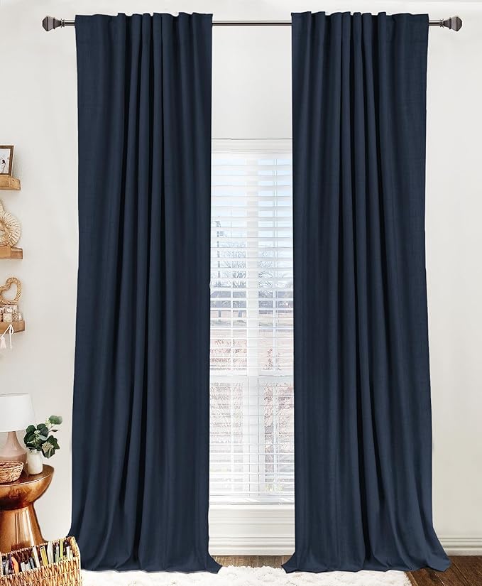 100% Blackout Shield Linen Blackout Curtains for Bedroom 108 Inches Long, Back Tab/Rod Pocket Living Room Drapes, Thermal Insulated Blackout Curtains 2 Panels Set, 50" W x 108" L, Navy
