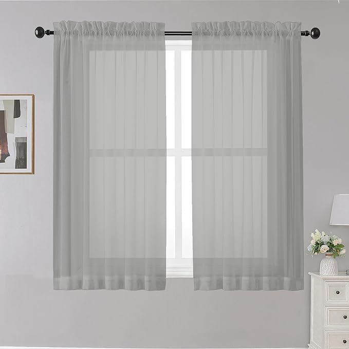 OWENIE Sheer Curtains Grey 45 Inches Long, Light Filtering Tiers for Kitchen, Basement, Bedroom, Short Panels Rod Pocket 2 Panels, Cafe Small Window, 42" W x 45" L
