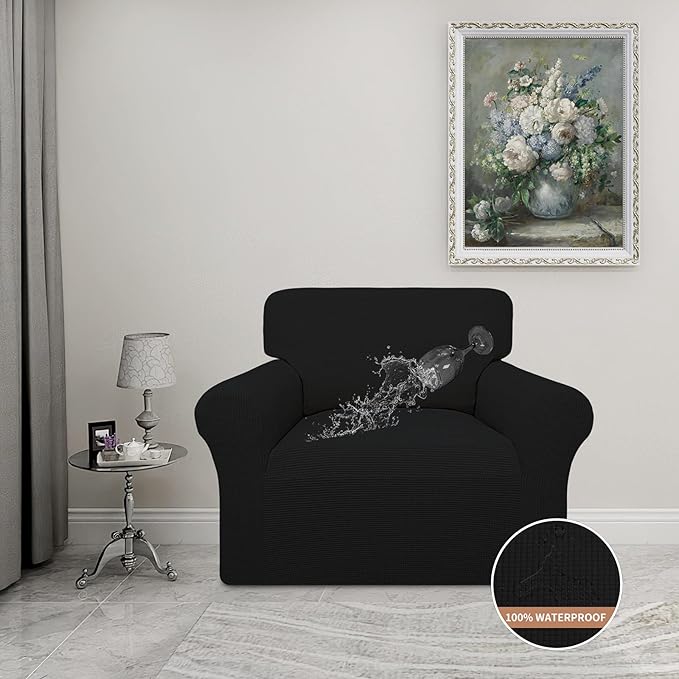 Easy-Going 100% Waterproof Oversized Chair Couch Cover, Dual Waterproof Sofa Cover, Stretch Jacquard Sofa Slipcover, Leakproof Furniture Protector for Kids, Pets, Dog and Cat, Black