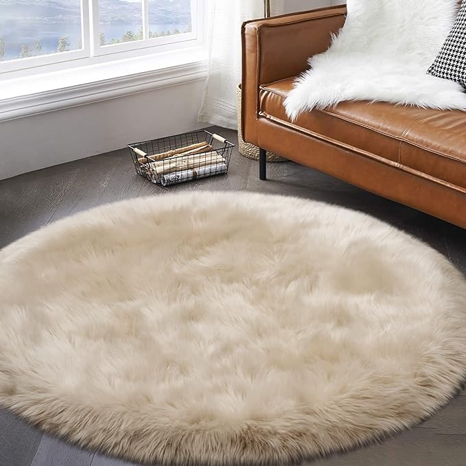 Fluffy Round Rug for Kids Room Beige Circle Faux Fur Area Rug for Bedroom, 4x4 Fuzzy Shag Rugs Furry Nursery Rug Teepee Mat, Circular Plush Floor Carpet