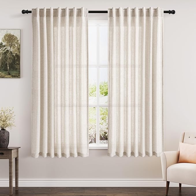 Beige Linen Textured Curtains 2 Panels Set 60 Inches Long for Living Room Bedroom Short Semi Sheer Light Filtering Back Tab Rod Pocket Drapes Half Privacy Protected Curtain for Farmhouse W52xL60