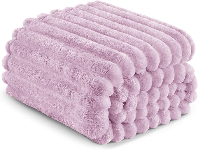 Exclusivo Mezcla King Size Flannel Fleece Blanket, Super Soft Striped Jacquard Bed Blanket, Lightweight Fuzzy Cozy for All Seasons, 90x104 Inches, Lilac Purple