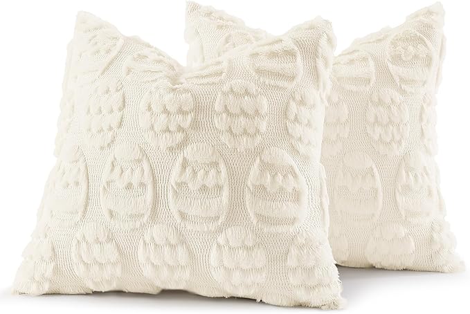 decorUhome Easter Cream White Egg Pillow Covers 18x18 Inch Set of 2, Soft Plush Faux Wool Jacquard Cushion Covers, Farmhouse Neutral Fuzzy Spring Easter Holiday Decor for Couch Sofa Bed