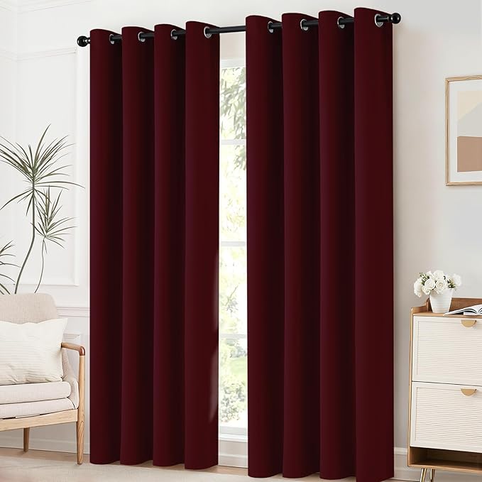 Yakamok Blackout Curtains for Bedroom, Thermal Insulated Blackout Window Curtains with Grommet Top for Living Room- Wine Red- 52W x 84L -2 Panels