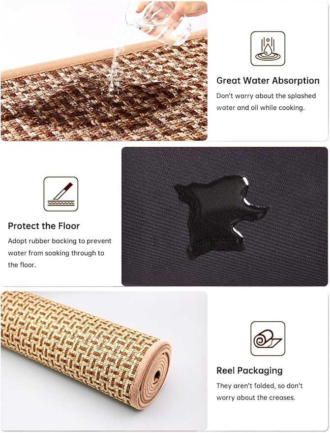 eqivei Kitchen Rugs and Mats Non Skid Washable Set of 2 PCS, Absorbent Runner Rugs for Kitchen, Farmhouse Weave Floor Mats in Front of Sink, 17.3"x 47"+17.3"x 29" (Brown)