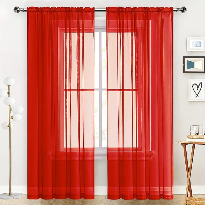SpaceDresser Basic Rod Pocket Sheer Voile Window Curtain Panels White 1 Pair 2 Panels 70 Width 96 Inch Long for Kitchen Bedroom Children Living Room Yard(Red,70 W x 96 L)