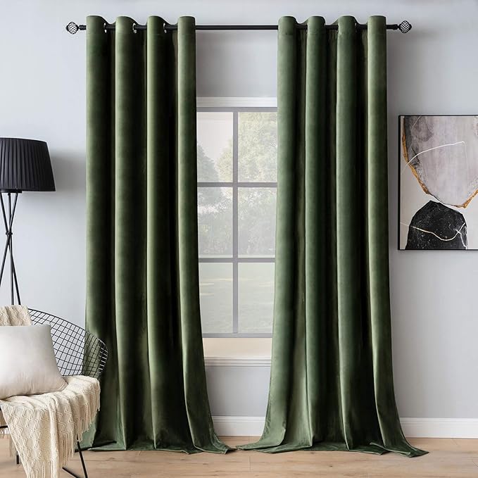 MIULEE Velvet Curtains Olive Green Extra Long Elegant Grommet Curtains Thermal Insulated Soundproof Room Darkening Black Out Drapes for Classical Living Room Bedroom Decor 52 x 108 Inch Set of 2