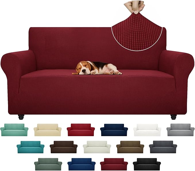 ZNSAYOTX Super Stretch Couch Cover (72"-92") Universal Sofa Covers with Elastic Bottom, Dog Cat Pets Friendly Washable Furniture Protector Fitted Sofa Slipcovers Stay in Place (Wine Red, Sofa)