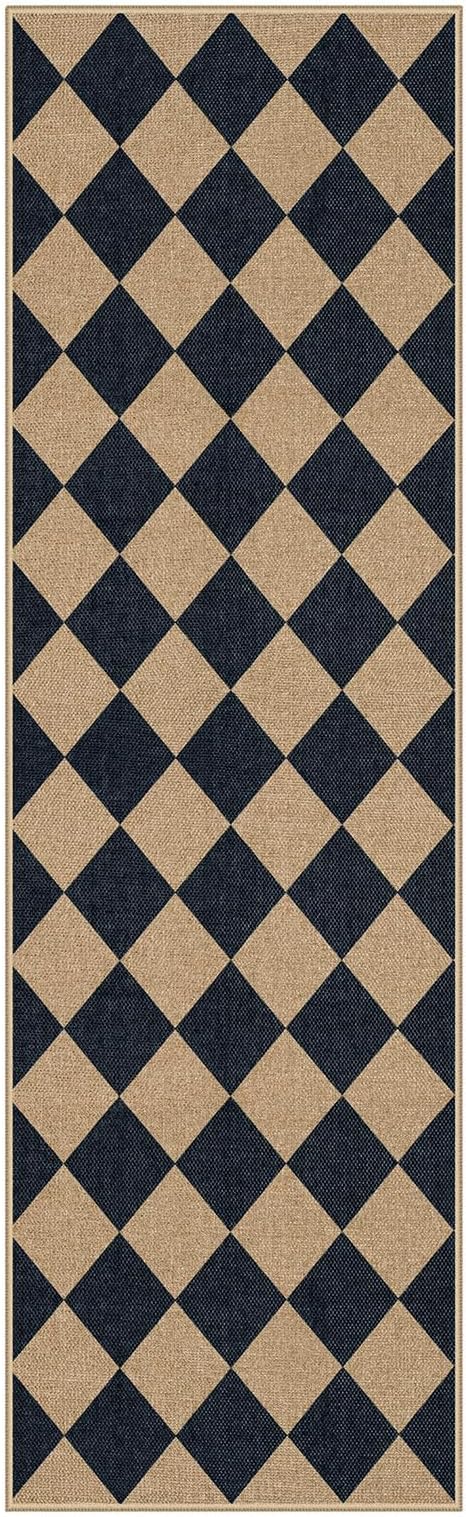 Lahome Colette Checkered Easy Jute Runner Rug, 2x8 Hallway Kitchen Runner Rug Non Slip Washable Outdoor Carpet for Entryway Indoor, Checkerboard Black Indoor Outdoor Carpet for Hallway 8ft Entry