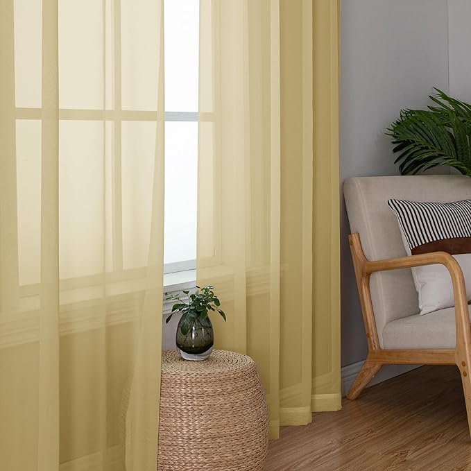 Simplebrand Gold Sheer Valances 14 Inches Long for Living Room Pocket 2 Panel Light Filtering Sheer Translucent Valence Toppers for Window Kitchen Bathroom Bedroom Ivory 42x14 Inch Length