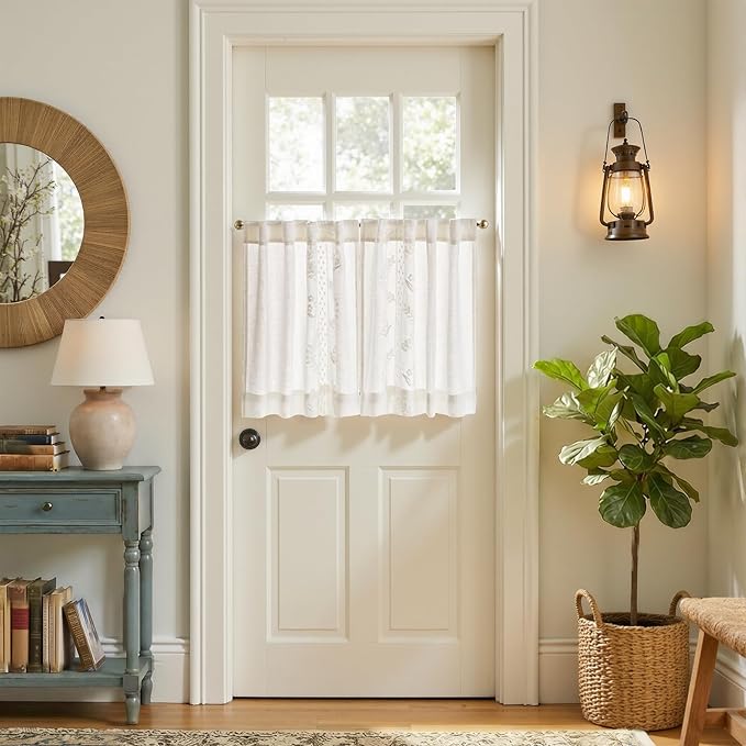 jinchan Belrose Linen Floral Kitchen Curtains 24 inch Length Embroidered Farmhouse Cafe Curtains for Living Room Bathroom Small Windows Curtain Set Sheer Light Filtering 2 Panels White