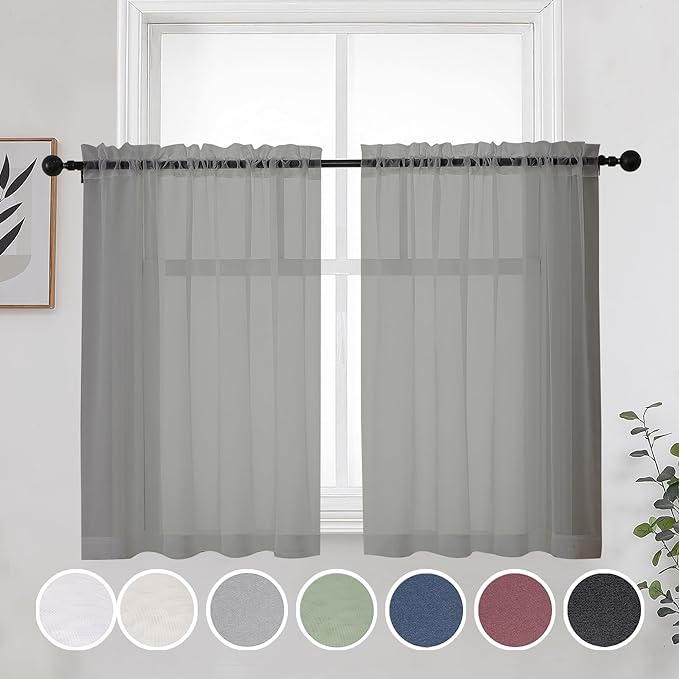 OWENIE Short Sheer Curtains 30 Inches 2 Panels Set, Kitchen Tiers Light Filtering Rod Pocket Cafe Curtains for Bathroom Small Half Window, 42 in W x 30 in L, Grey