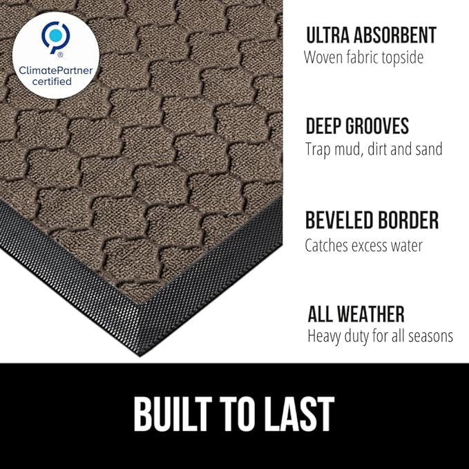 GORILLA GRIP 100% Waterproof All-Season WeatherMAX Doormat 35x23, US Designed Natural Rubber, Stain and Fade Resistant, Low Profile Indoor Outdoor Door Mats, Easy Clean Patio Mat, Latte Quatrefoil