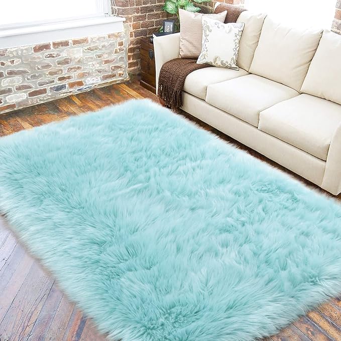 LOCHAS Soft Fluffy Faux Fur Rugs for Bedroom Bedside Rug 3x5 Feet, Washable, Furry Sheepskin Area Rug for Living Room Girls Room, Luxury Shag Carpet Home Decor, Blue