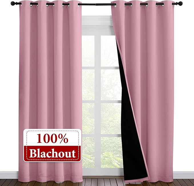 NICETOWN Total Shade Curtains and Draperies, Heavy-Duty Full Light Shading Drapes with Black Liner Backing for Villa/Hall/Dorm Window（Crystal Pink, Package of 2 Panels, 52 inches Wide x 95 inches Long