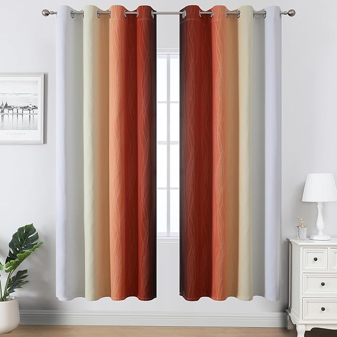 Estelar Textiler Burnt Orange and Greyish White Ombre Blackout Curtains for Living Room,Energy Efficient Room Darkening Drapes, Grommet Thermal Insulated Window Treatments for Bedroom,52Wx72L,2 Panels