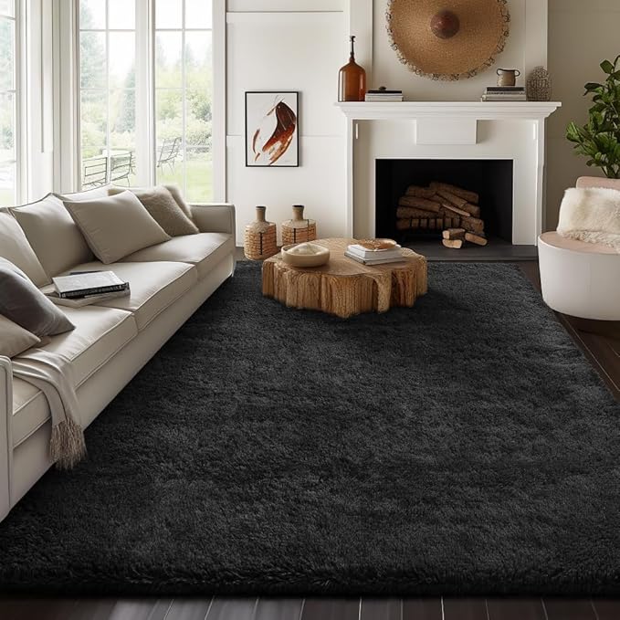 Ophanie 7x10 Black Area Rugs for Living Room, Large Shag Bedroom Carpet, Big Indoor Thick Soft Shaggy Nursery Rug, Fluffy Carpets for Boy and Girls Room Dorm Home Decor Aesthetic