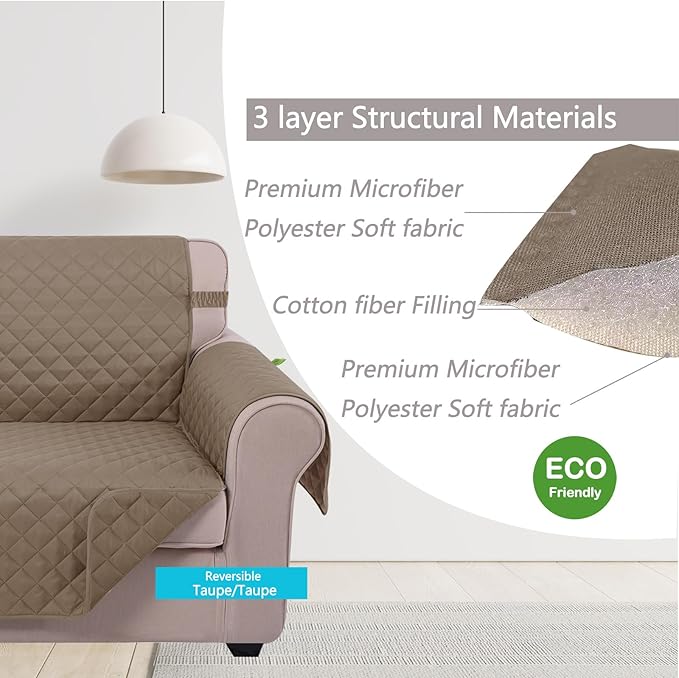 U-NICE HOME Reversible Sofa Cover Couch Cover for Dogs with Elastic Straps Water Resistant Furniture Protector for Pets Couch Cover for 3 Cushion Couch (Sofa, Taupe/Taupe)