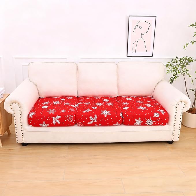 hyha Printed Couch Cushion Covers, Floral Sofa Covers Washable for 3 Cushion Couch, Stretch Pattern Outdoor Cushion Covers for Patio Furniture with Elastic Bottom(3 Packs, Snowflake Bell)