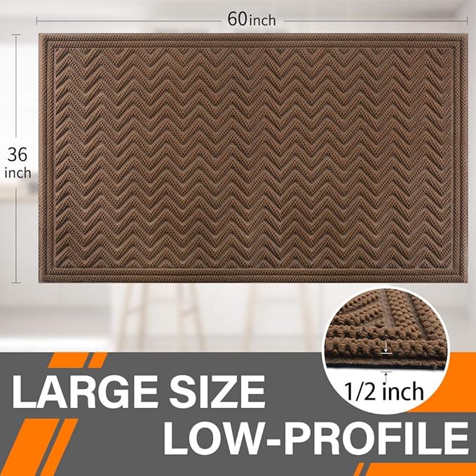 Mibao Front Door Mat, Dirt Trapper Welcome Mat for Outdoor Indoor, Non-Slip Waterproof Doormat, Durable Machine Washable Low Profile Entry Rug for Back Door Outside Patio, 61.5" x 36", Coffee Wave