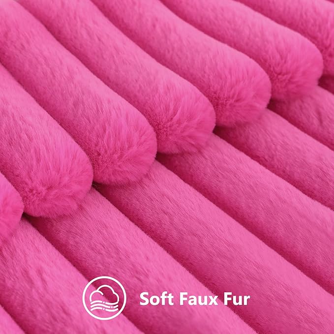 decorUhome Summer Cozy Faux Fur Throw Pillow Covers 18x18 Set of 2 Decorative Soft Plush Striped Modern Farmhouse Boho Couch Pillow Cases with Velvet Back for Sofa Bed Living Room, Hot Pink
