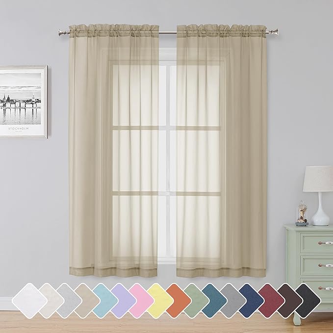 Simplebrand Taupe Sheer Curtains 63 Inch Length 2 Panels, Rod Pocket Solid Color Kakhi Taupe Brown Window Sheer Curtain Panels, Elegant Curtains & Drapes for Living Room, Bedroom (42" W x 63" L)