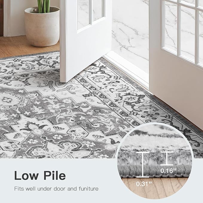 Lofus 9x12 Area Rugs for Living Room, Washable Area Rug, Rugs for Bedroom, Kitchen Rug, Vintage Boho Carpet, Soft Non-Slip, Low Pile Large Area Rug for Office Dining Room, Floral Grey