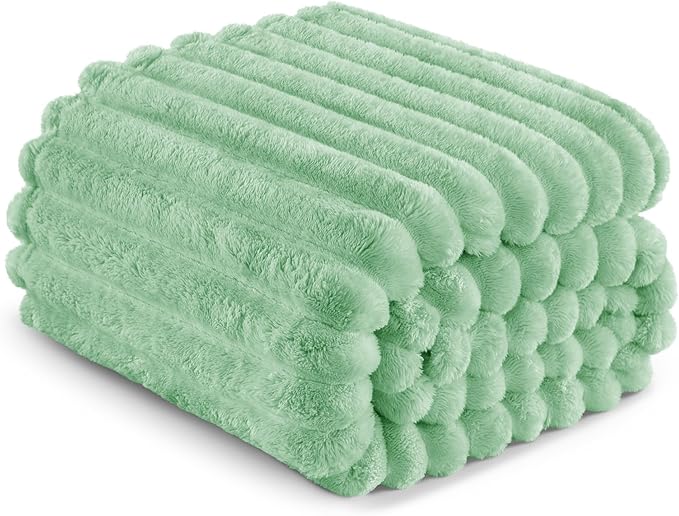 Exclusivo Mezcla Queen Size Flannel Fleece Blanket, Super Soft Striped Jacquard Bed Blanket, Lightweight Fuzzy Cozy for All Seasons, 90x90 Inches, Sage Green