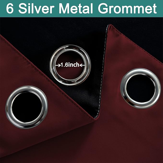 Yakamok 63 Inch Length 100% Blackout Curtains for Bedroom, 2 Thick Layers Thermal Insulated Grommet Total Blackout Drapes with Black Liner for Living Room (42Wx63L,Burgundy Red, 2 Panels)